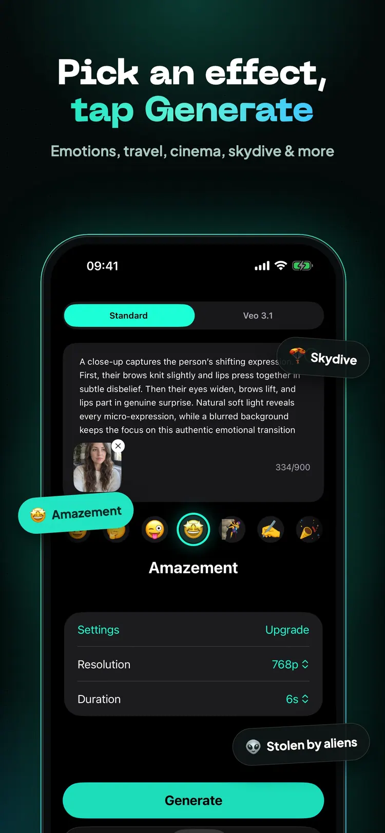 Pick an effect and tap Generate: amazement, skydive, stolen by aliens and more